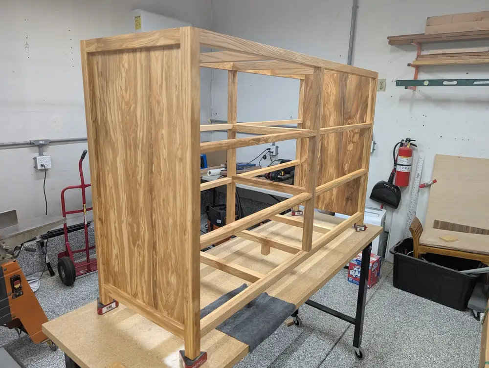 Assembled dresser carcase standing on the workbench